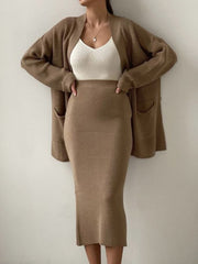 Pocketed Long Sleeve Cardigan and Skirt Sweater Set - Trendsi