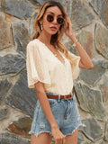 Lace Detail V-Neck Siwss Dot Blouse - Trendsi