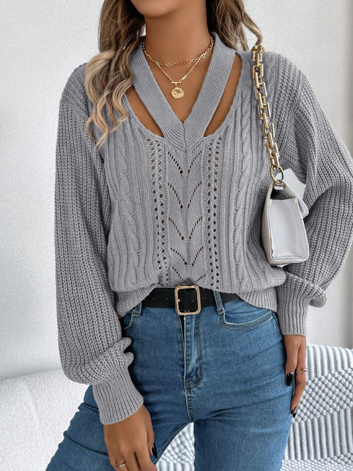 Cutout V-Neck Long Sleeve Sweater - Trendsi - Flyclothing LLC