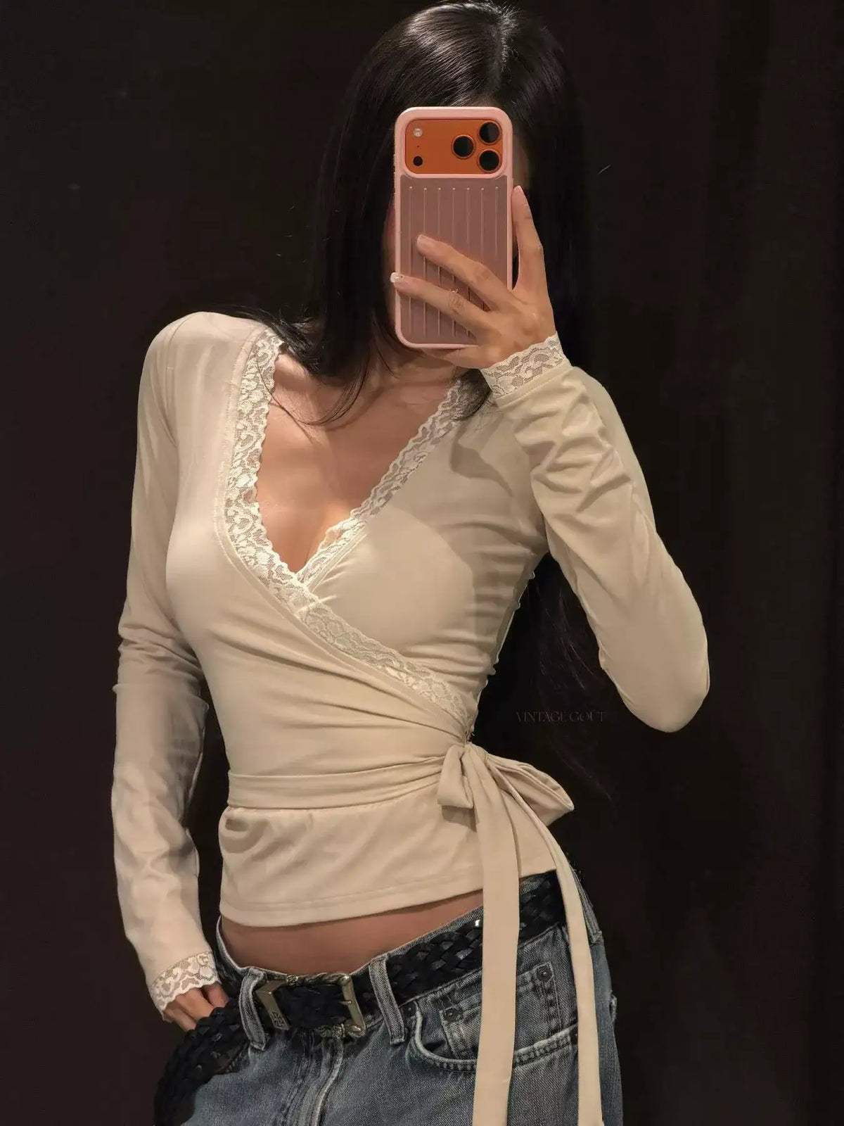 Lace-Trimmed Long Sleeves Wrap Blouse - Trendsi - Flyclothing LLC