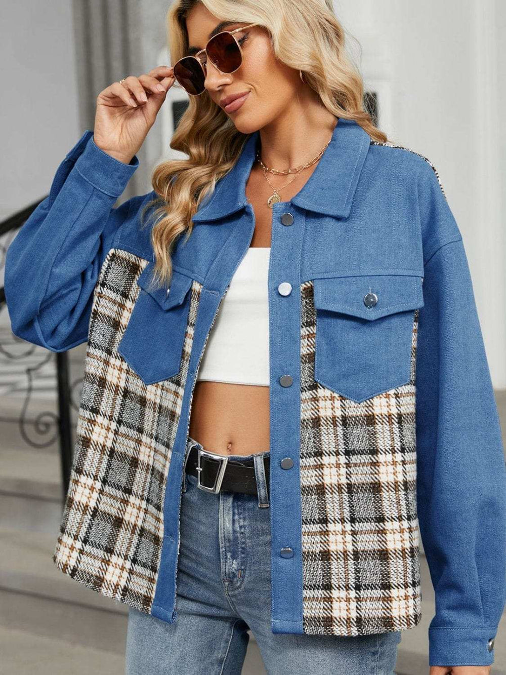 Plaid Button Up Long Sleeve Denim Jacket - Trendsi - Flyclothing LLC