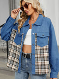 Plaid Button Up Long Sleeve Denim Jacket - Trendsi