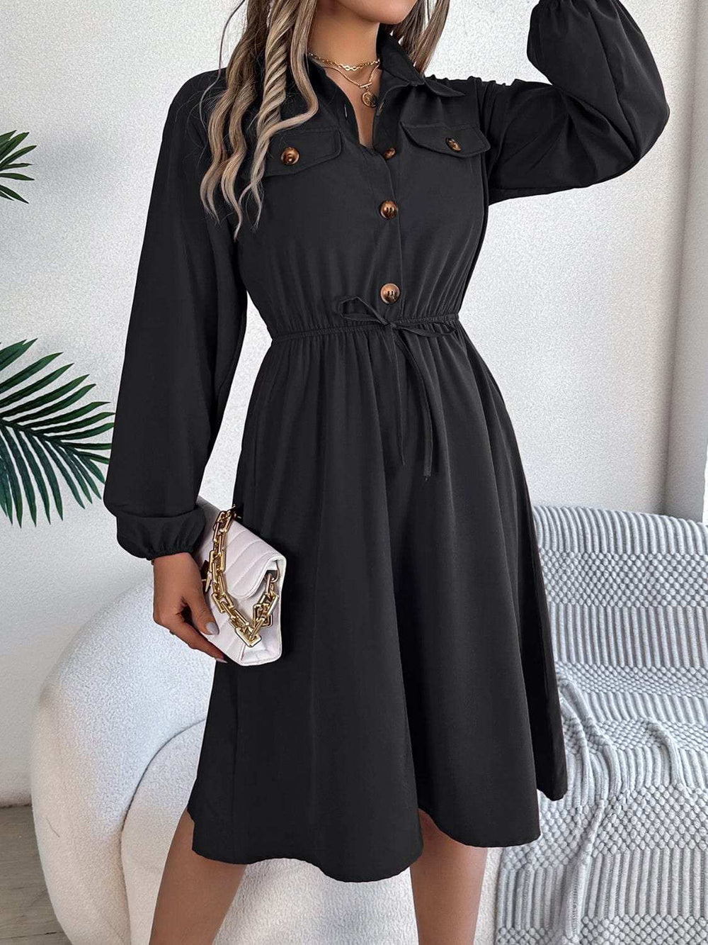 Collared Neck Long Sleeve Dress with Pockets - Trendsi - Flyclothing LLC