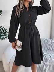 Collared Neck Long Sleeve Dress with Pockets - Trendsi
