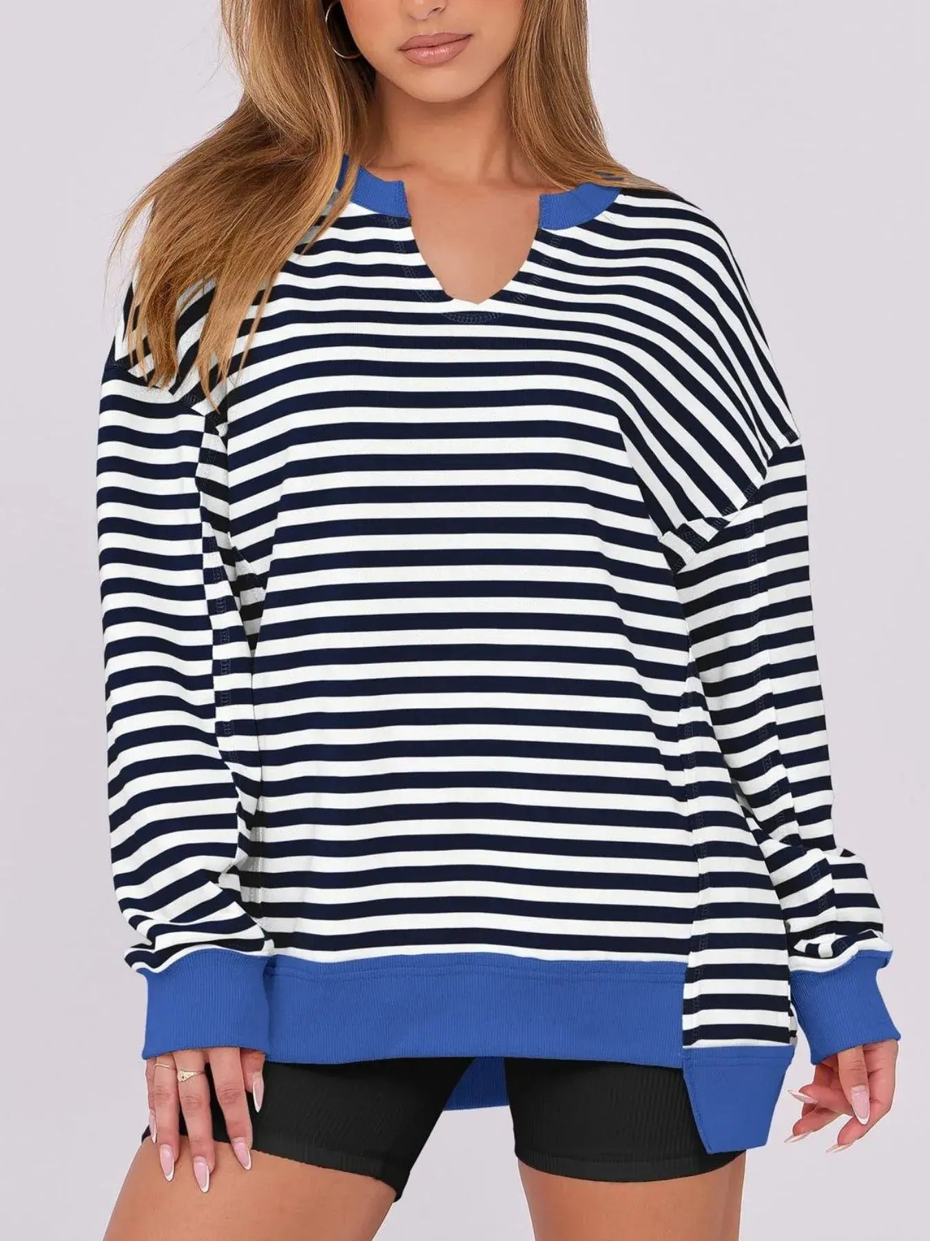 Notched Long Sleeve Oversized Sweatshirt - Trendsi - Flyclothing LLC