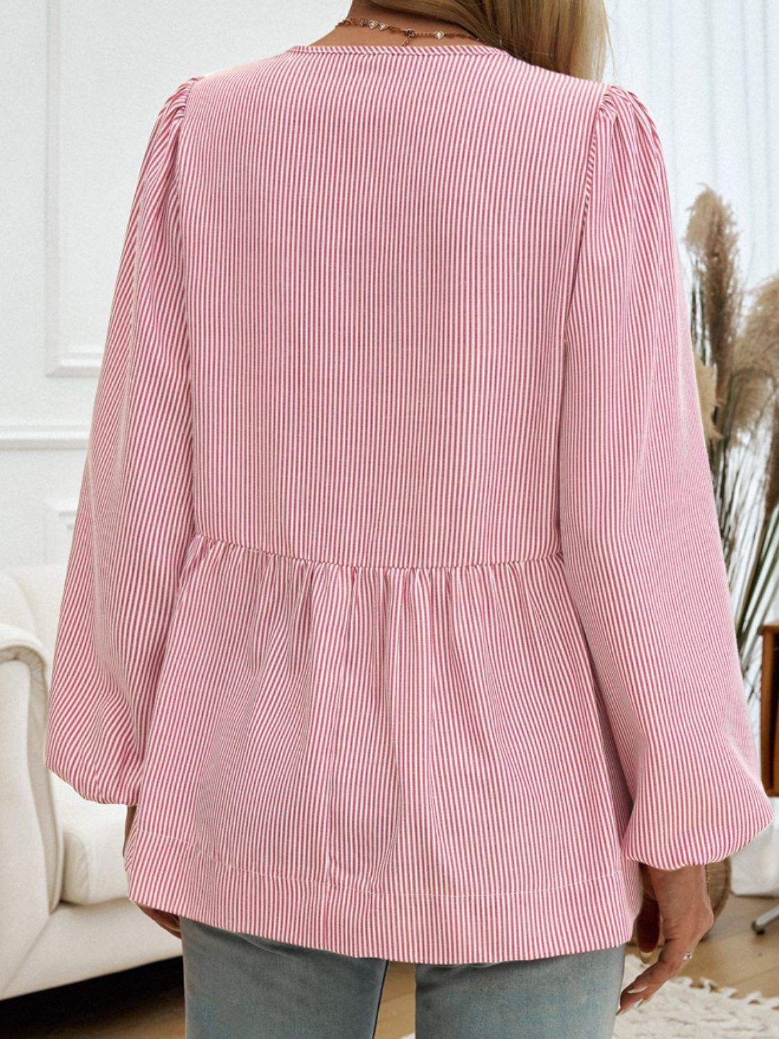 Devine Tied Striped Long Sleeve Blouse - Trendsi - Flyclothing LLC