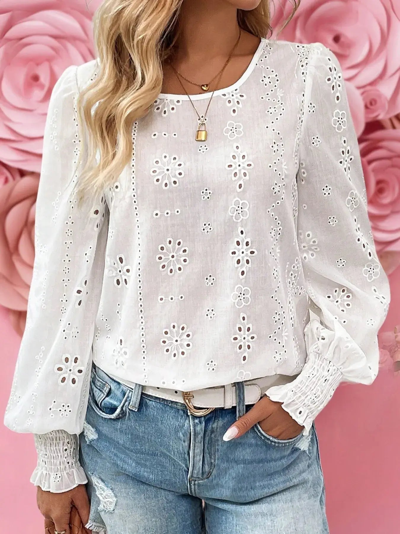 Eyelet Long Sleeve Blouse with Elastic Cuffs - Trendsi - Flyclothing LLC