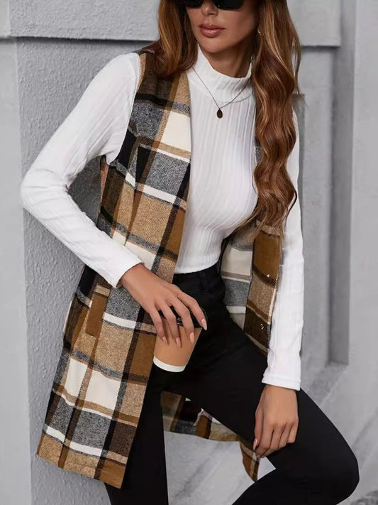 Plaid V-Neck Vest Coat - Trendsi