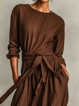 Full Size Long Sleeve Tie Waist Maxi Dress Plus Size - Trendsi - Flyclothing LLC