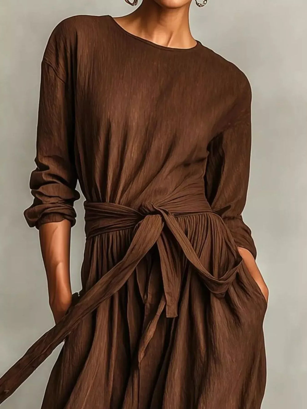 Full Size Long Sleeve Tie Waist Maxi Dress Plus Size - Trendsi - Flyclothing LLC