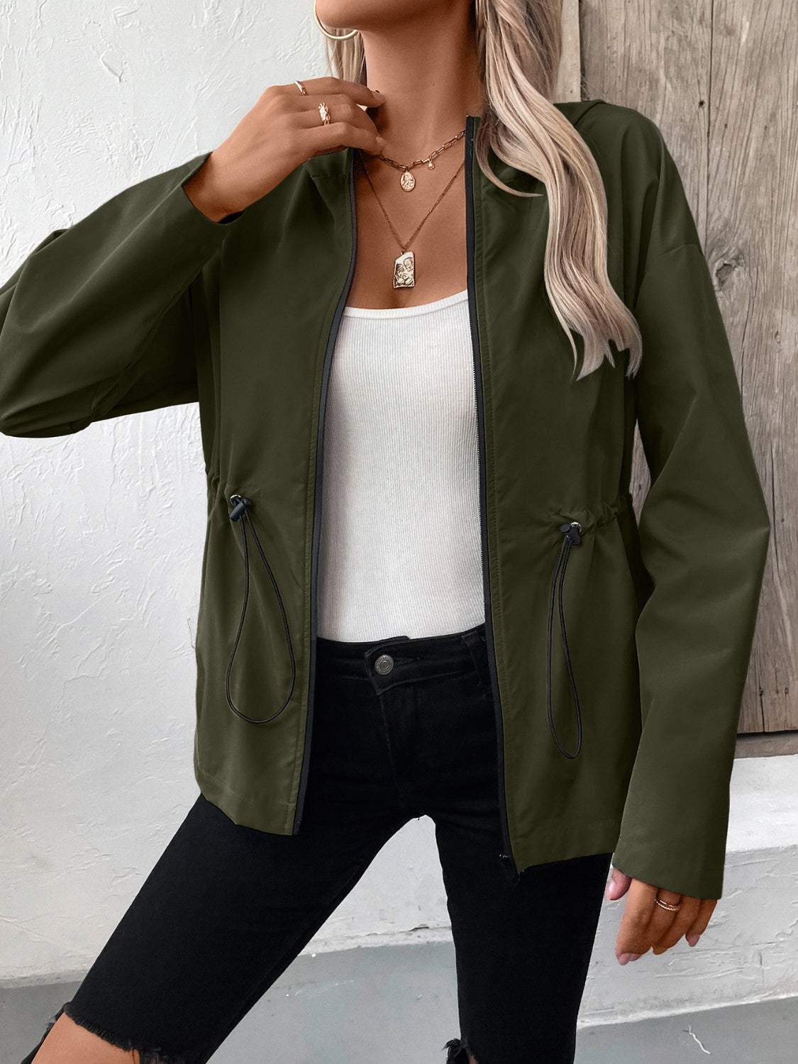 Drawstring Zip Up Hooded Jacket - Trendsi - Flyclothing LLC