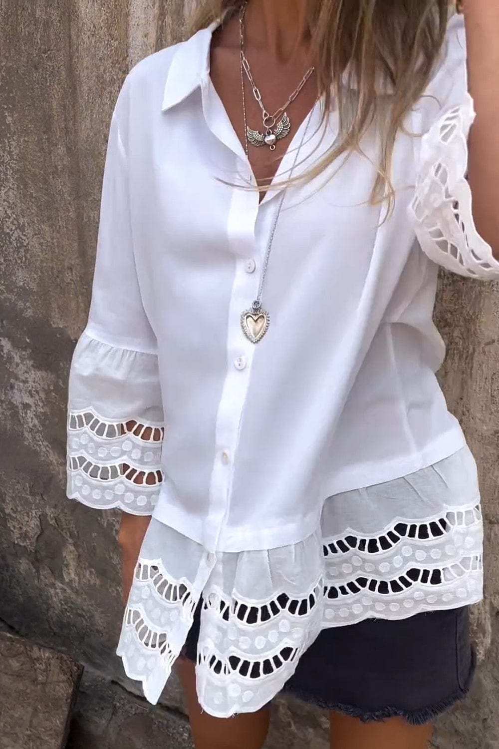 Cutout Collared Neck Three-Quarter Sleeve Shirt - Trendsi - Flyclothing LLC