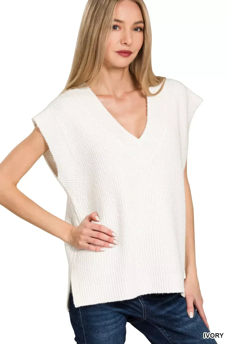 Zenana Ribbed Slit V-Neck Sweater Vest - Trendsi - Flyclothing LLC