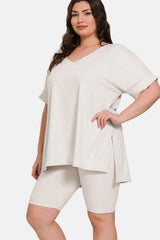 Zenana Full Size V-Neck Short Sleeve Slit T-Shirt and Shorts Set - Trendsi - Flyclothing LLC