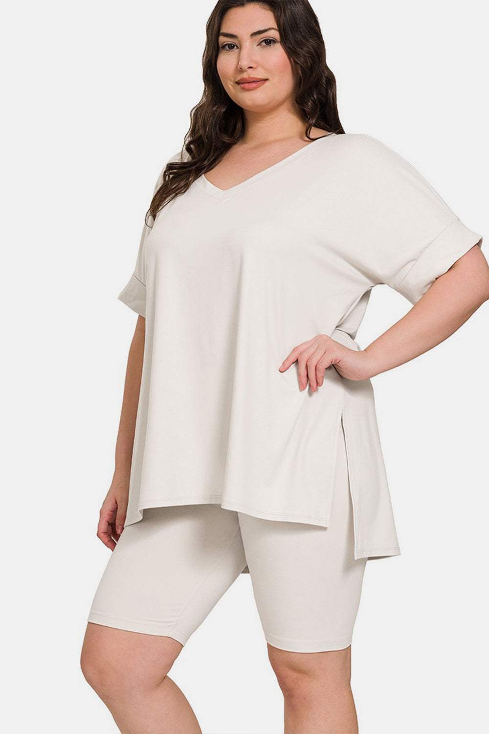 Zenana Full Size V-Neck Short Sleeve Slit T-Shirt and Shorts Set - Trendsi - Flyclothing LLC