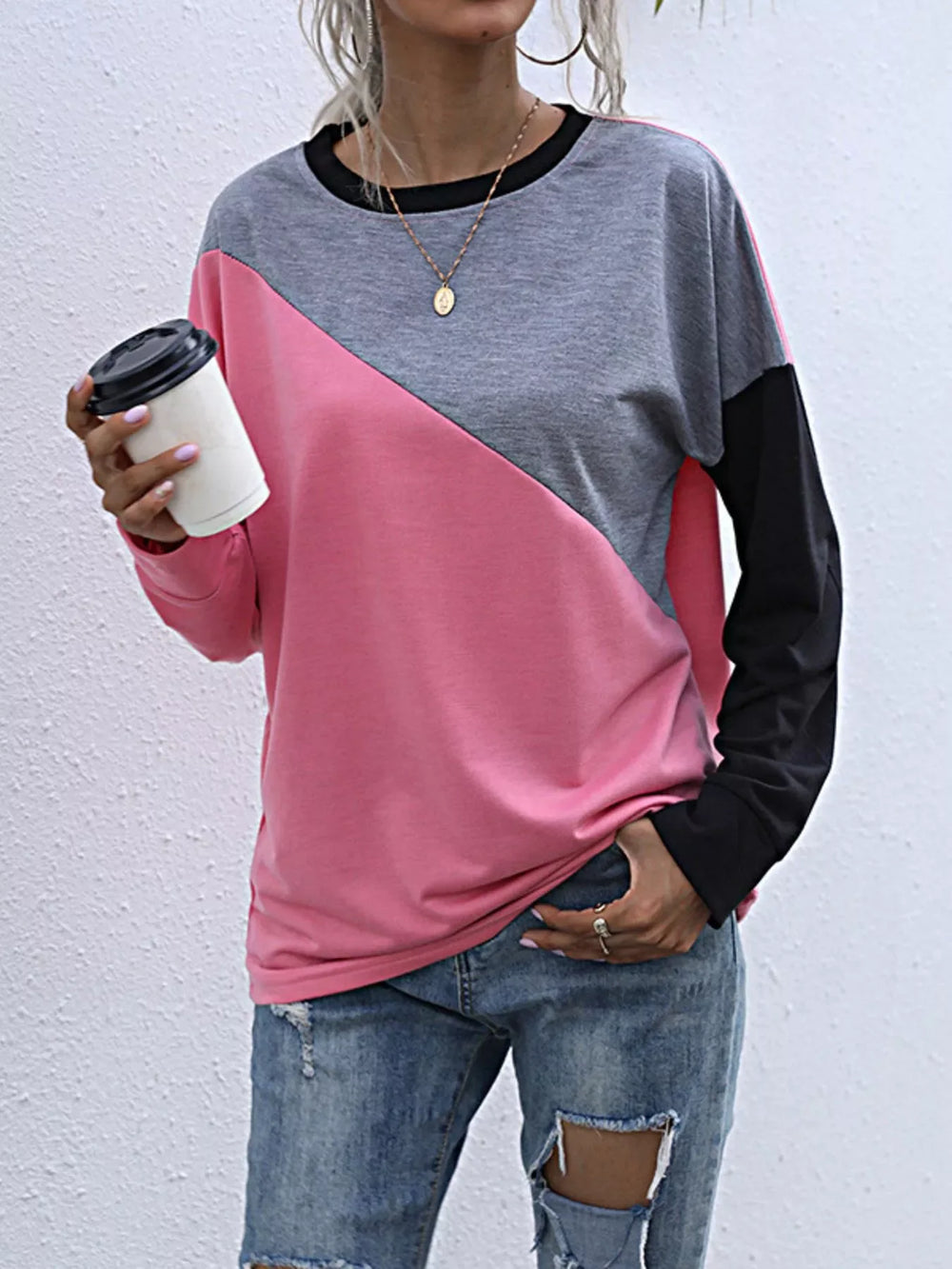 Color Block Casual Round Neck Sweatshirt - Trendsi - Flyclothing LLC
