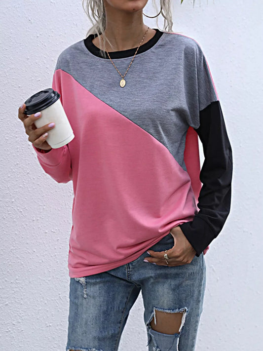 Color Block Casual Round Neck Sweatshirt - Trendsi - Flyclothing LLC