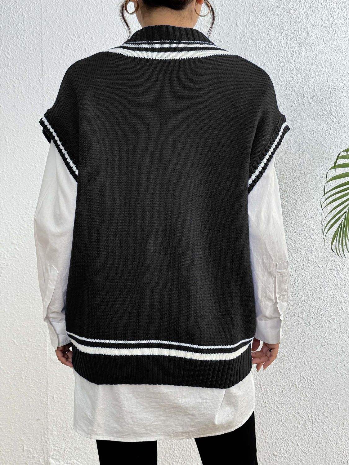 Pearl Trim Contrast V-Neck Sweater Vest - Trendsi - Flyclothing LLC