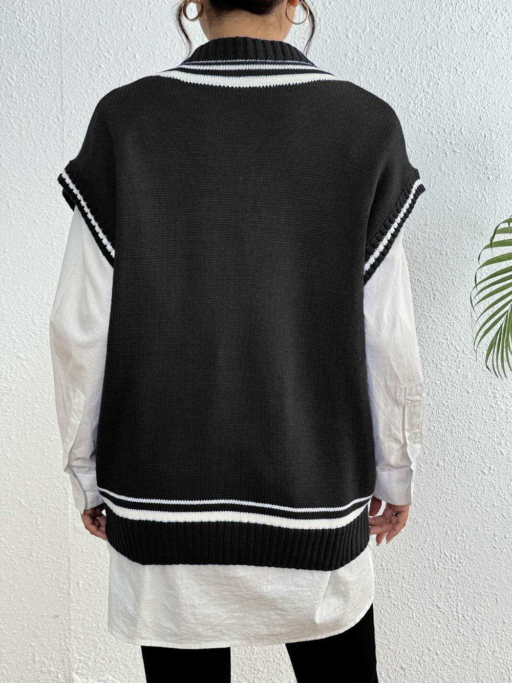 Pearl Trim Contrast V-Neck Sweater Vest - Trendsi - Flyclothing LLC