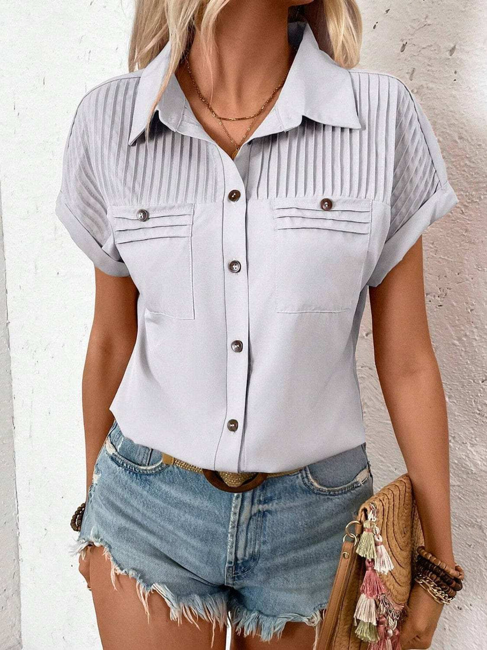Pleated Detail Collared Neck Short Sleeve Shirt - Trendsi - Flyclothing LLC