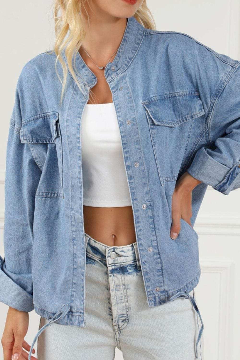 Drawstring Snap Down Denim Jacket with Chest Pockets - Trendsi - Flyclothing LLC