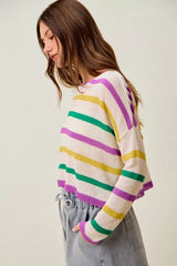 SO ME Mardi Gras Color Stripe Lightweight Sweater Top - Trendsi - Flyclothing LLC