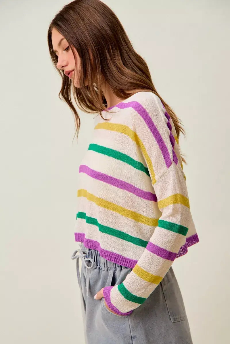 SO ME Mardi Gras Color Stripe Lightweight Sweater Top - Trendsi - Flyclothing LLC