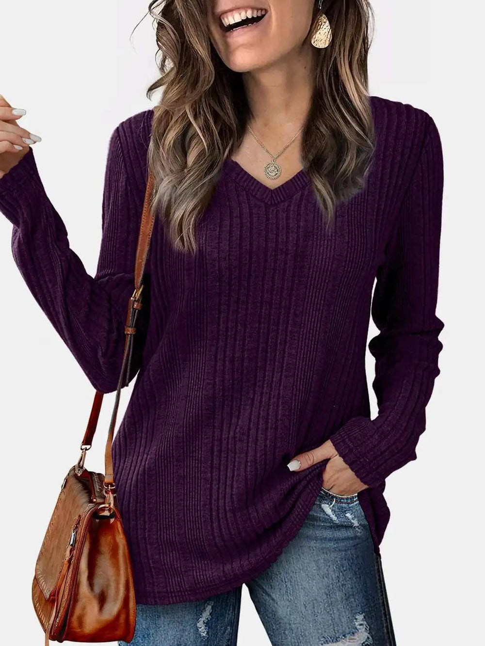 V-Neck Long Sleeve T-Shirt - Trendsi - Flyclothing LLC