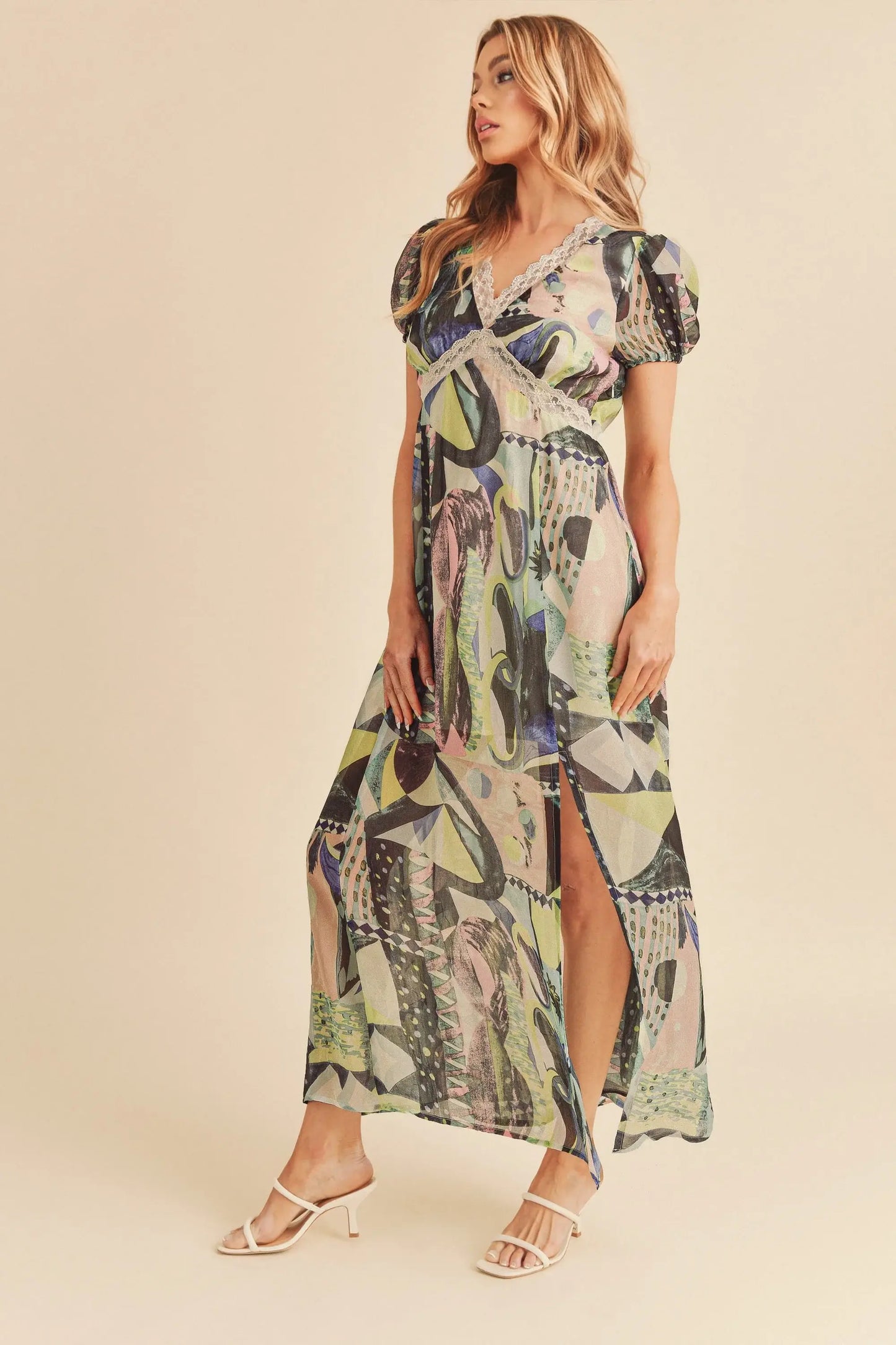 Aemi + Co Lace Detail Slit Geometric Print Short Sleeve Maxi Dress - Trendsi - Flyclothing LLC