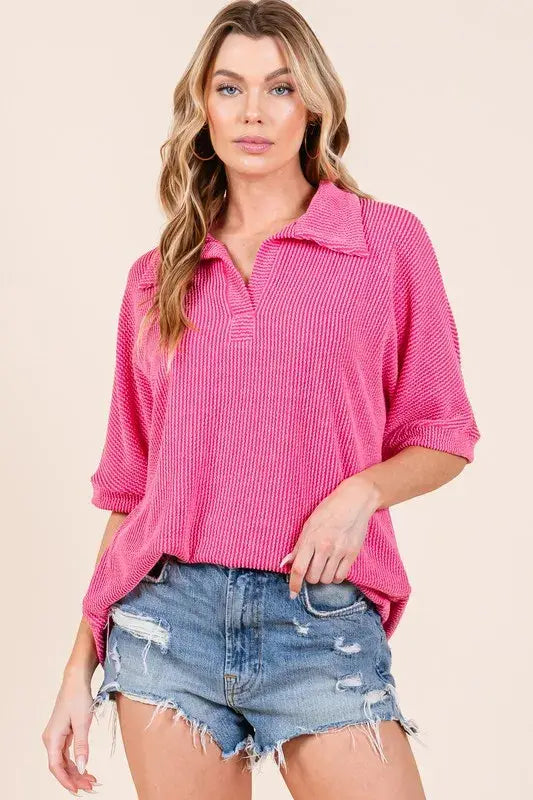 BOMBOM Ribbed Collared Neck Top - Trendsi - Flyclothing LLC