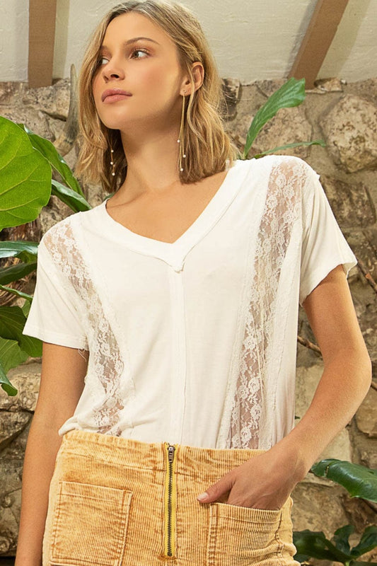 POL Inset Lace Outseam Detail Short Sleeve V-Neck T-Shirt - Trendsi