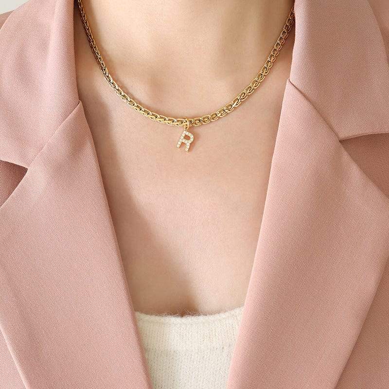 Brass Inlaid Zircon Letter Pendant Necklace - Trendsi - Flyclothing LLC