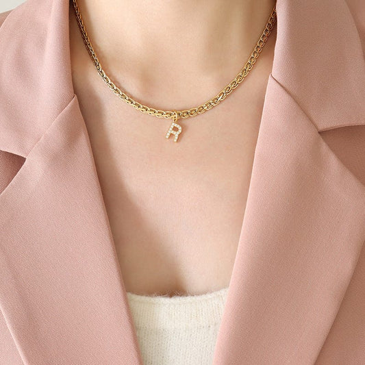 Brass Inlaid Zircon Letter Pendant Necklace - Trendsi