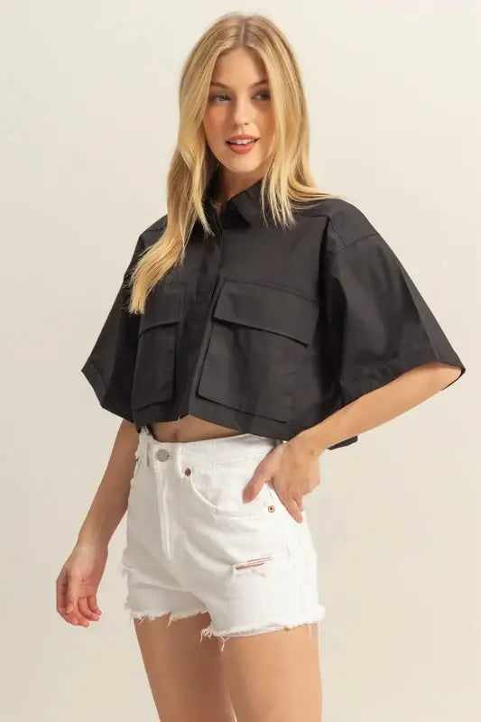 HYFVE Front Pockets Poplin Collared Neck Crop Shirt - Trendsi - Flyclothing LLC