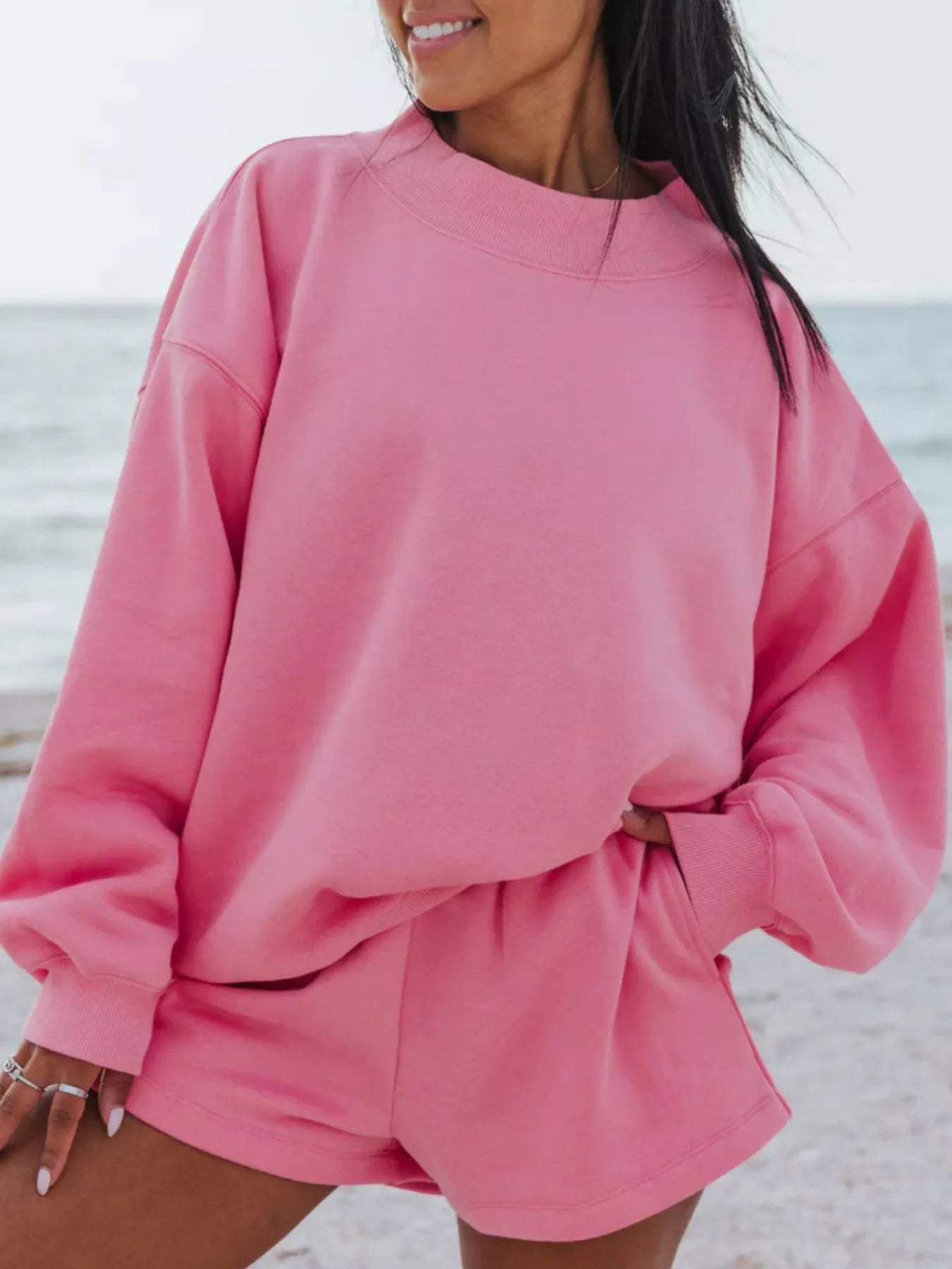 Relaxed Fit Round Neck Sweatshirt and Shorts Set - Trendsi - Flyclothing LLC