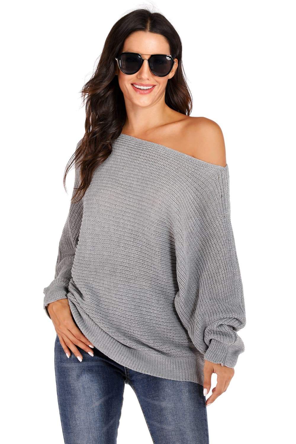 One Shoulder Dolman Sleeve Sweater - Trendsi - Flyclothing LLC