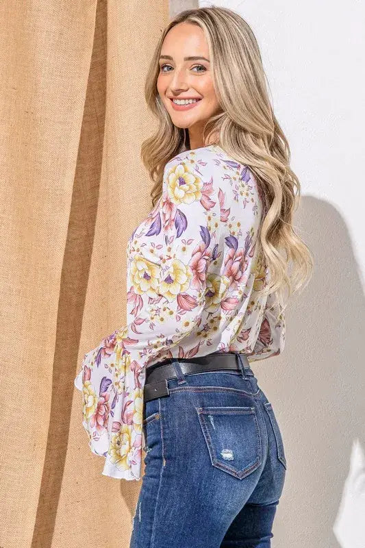 And The Why Floral Printed Bell Sleeve Casual Top - Trendsi - Flyclothing LLC