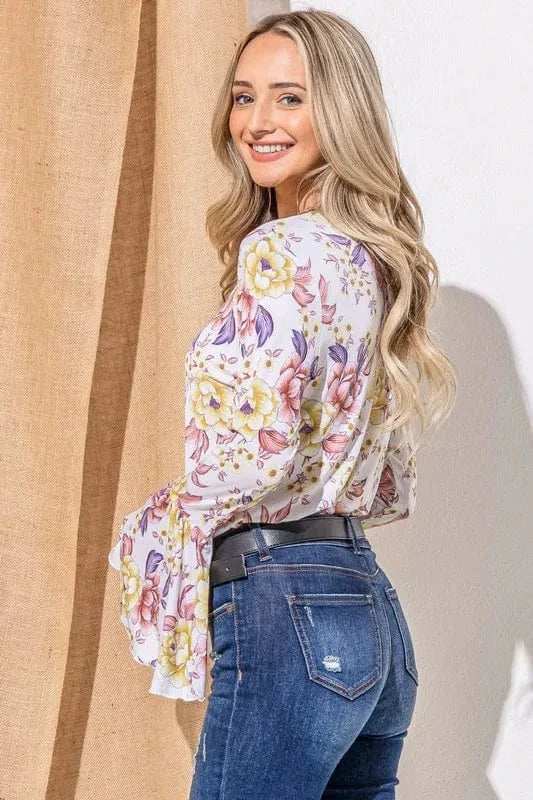 And The Why Floral Printed Bell Sleeve Casual Top - Trendsi - Flyclothing LLC