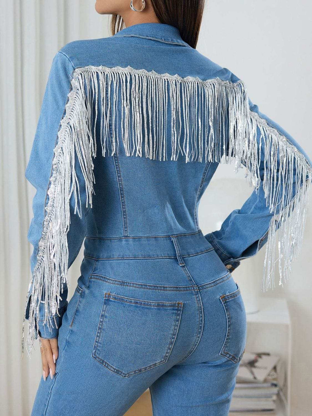 Fringe Half Button Long Sleeve Denim Jumpsuit - Trendsi - Flyclothing LLC