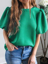 Texture Round Neck Puff Sleeve Blouse - Trendsi - Flyclothing LLC