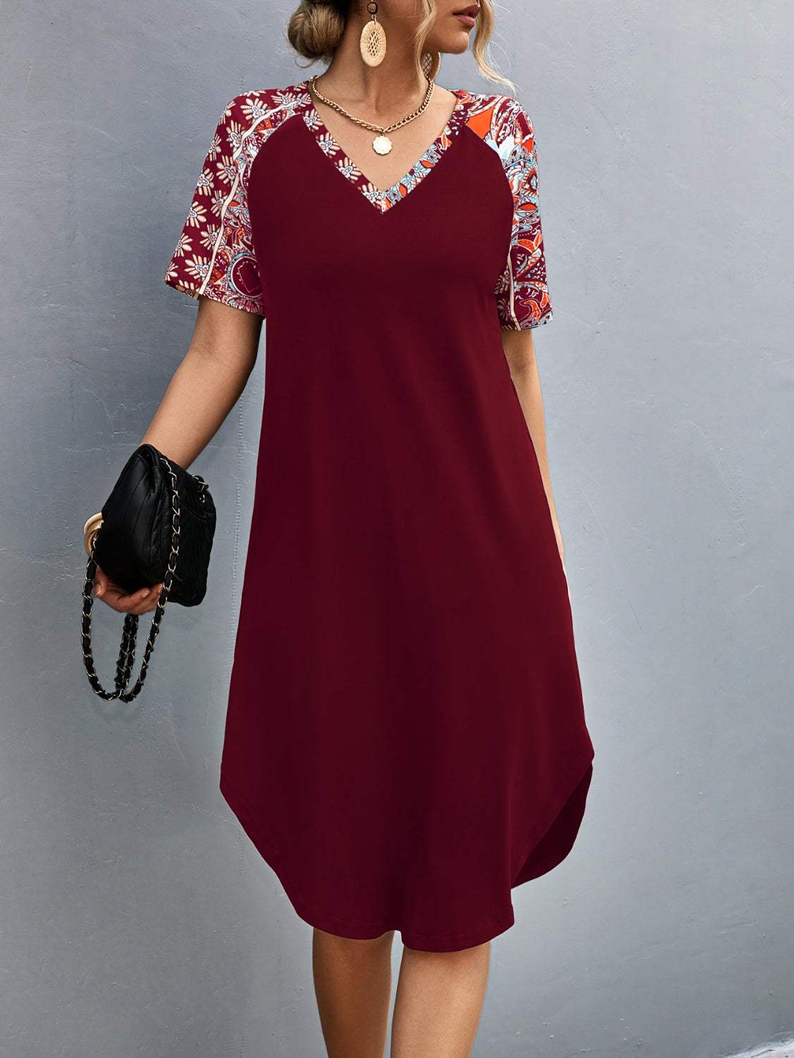 Printed V-Neck Short Sleeve Dress - Trendsi - Flyclothing LLC