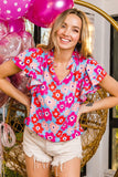 BiBi Floral Notched Ruffled Short Sleeve Blouse - Trendsi