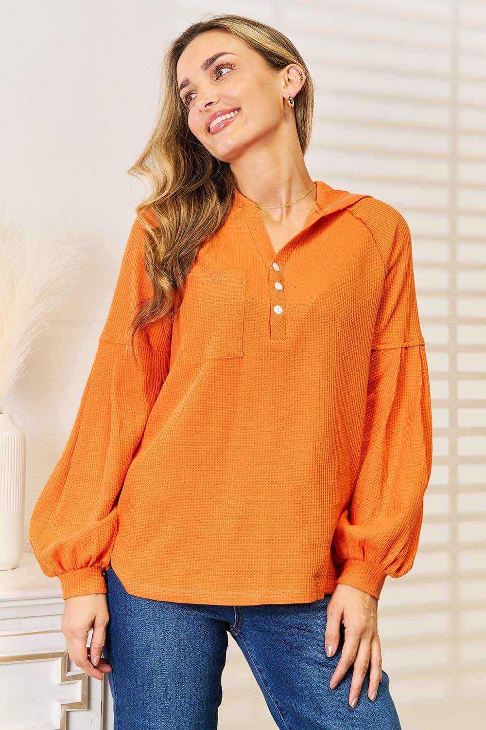 Basic Bae Side Slit Buttoned Waffle Knit Hoodie - ShopBasicbae - Flyclothing LLC