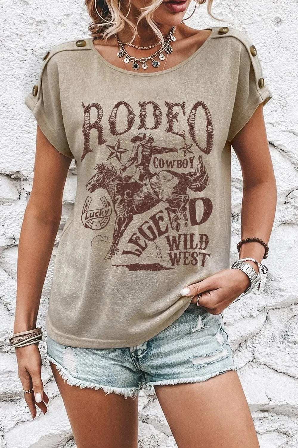 Decorative Button Graphic Round Neck Short Sleeve T-Shirt - Trendsi - Flyclothing LLC
