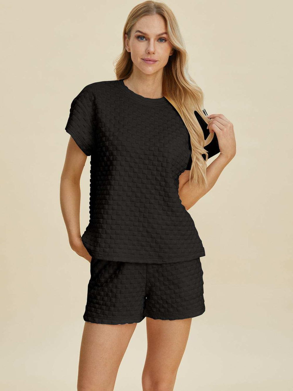 Double Take Full Size Texture T-Shirt and Shorts Set - Trendsi - Flyclothing LLC