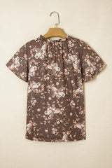 Floral Print Tassel Tie Split Neck Short Sleeve Blouse - Trendsi - Flyclothing LLC