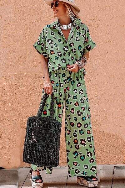 Leopard Collared Neck Top and Pants Set - Trendsi - Flyclothing LLC