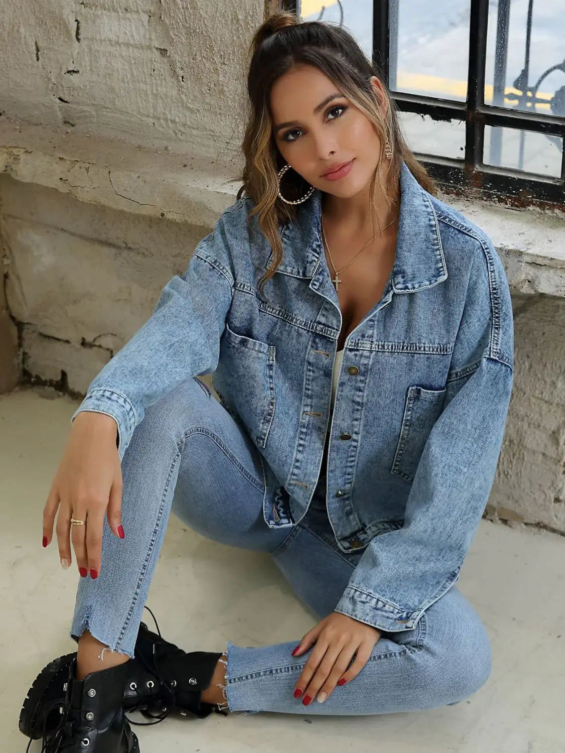 Button Down Drop Shoulder Denim Jacket - Trendsi - Flyclothing LLC