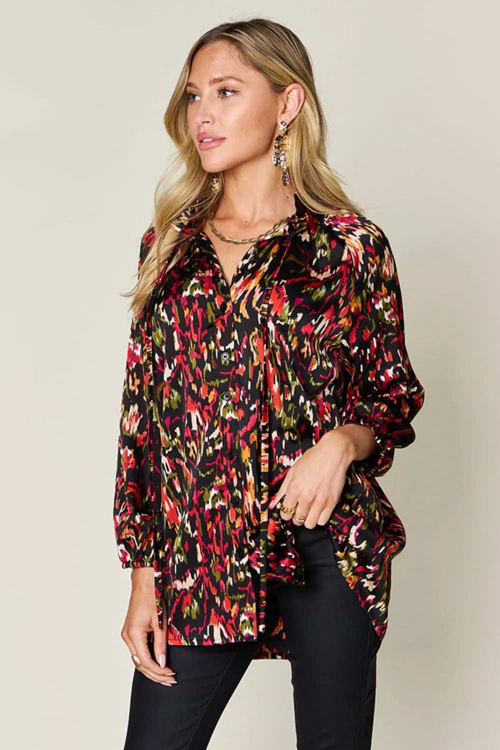 Double Take Full Size Printed Button Up Long Sleeve Shirt - Trendsi - Flyclothing LLC