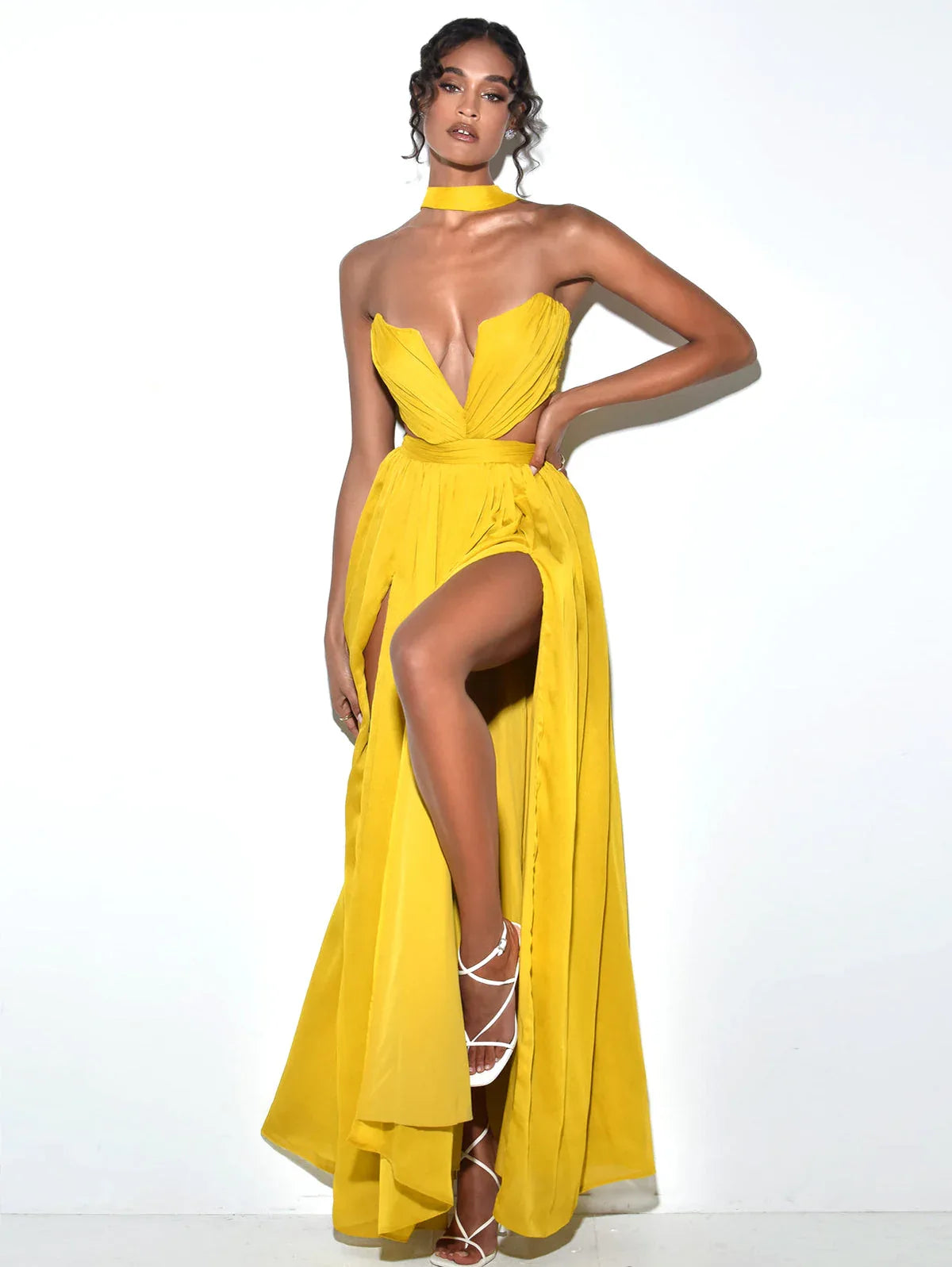 Xella Yellow Pleated Chiffon Maxi Dress - Miss Circle - Flyclothing LLC